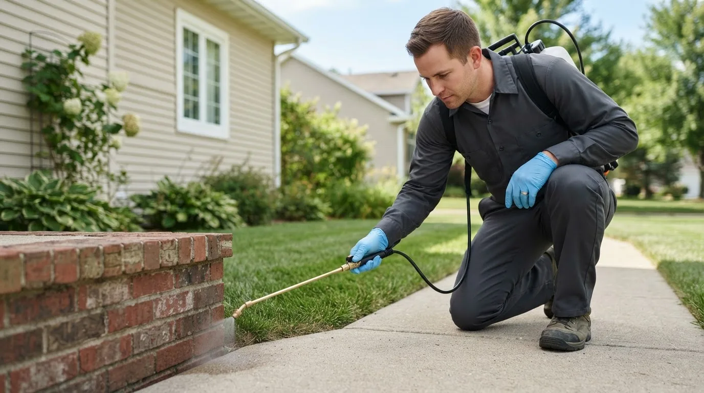 Pest control technician treating a home near Box Elder, MT